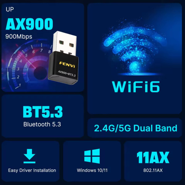 Купить Бездротовий адаптер Fenvi FU-AX900В Wi-Fi 6, Bluetooth 5.3 Dual Band 2.4G 5G
