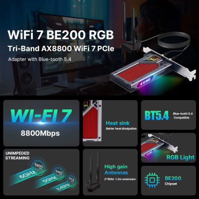 Купить Бездротовий адаптер Fenvi FV-BE8800RGB Wi-Fi 7, Bluetooth 5.4 Gaming Tri Band 2.4G/5G/6GHz