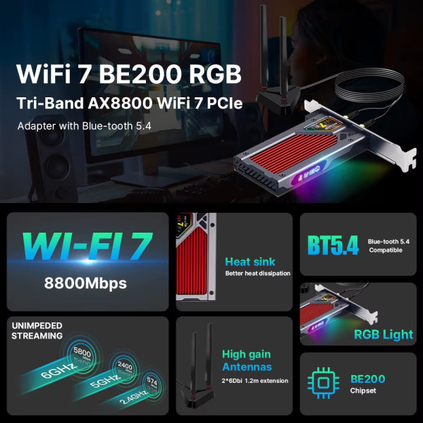 Купити Бездротовий адаптер Fenvi FV-BE8800RGB Wi-Fi 7, Bluetooth 5.4 Gaming Tri Band 2.4G/5G/6GHz