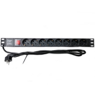 Купить Блок розеток 1U 19" на 8 розеток с выключателем ал. корп., PDU 220В, 16А, 1,8м, Schuko WT-2261A-GER-8WAY-1,8