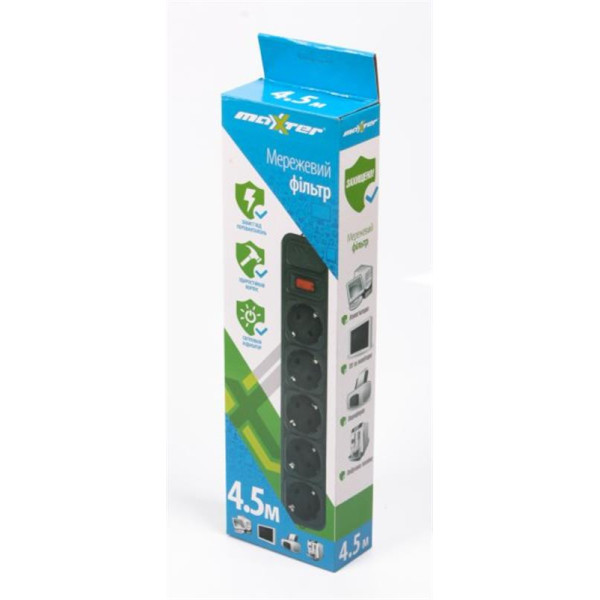 Купить Фильтр живлення Maxxter 5 розеток 4.5м (SPM5-G-15B) чорний
