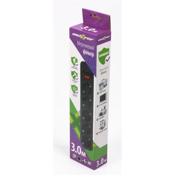 Купить Фільтр живлення  Maxxter 5 розеток 3м (SPM5-G-10B) чорний