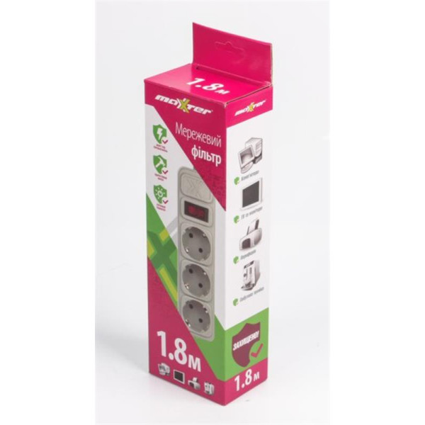 Купити Фільтр живлення Maxxter (SPM3-G-6G) 3 розетки, 1.8м, білий