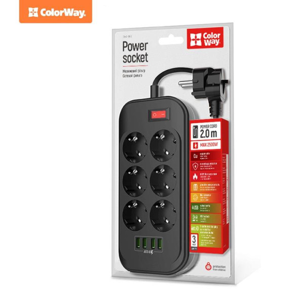Купить Фільтр живлення СolorWay (CW-CHE64B) 6 розеток, 4xUSB, 2м, Black