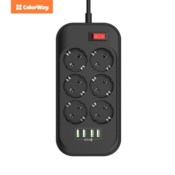 Купить Фільтр живлення СolorWay (CW-CHE64B) 6 розеток, 4xUSB, 2м, Black