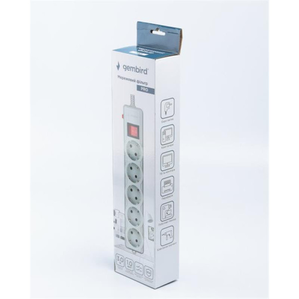Купить Фільтр живлення Gembird Pro (SPG5-G-10G-PRO) 5 розеток, 3м, сірий