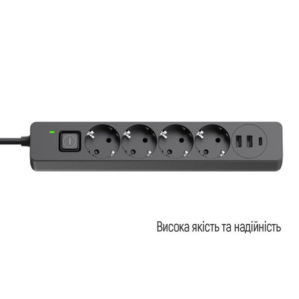 Купить Фільтр живлення ColorWay CW-CHE432PDB 4 розетки, 3USB (2USB-A + 1 TYPE-C) (24W), 2м, Black