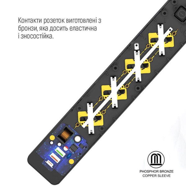 Купить Фільтр живлення ColorWay CW-CHE432PDB 4 розетки, 3USB (2USB-A + 1 TYPE-C) (24W), 2м, Black