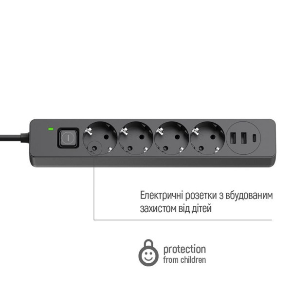 Купить Фільтр живлення ColorWay CW-CHE432PDB 4 розетки, 3USB (2USB-A + 1 TYPE-C) (24W), 2м, Black
