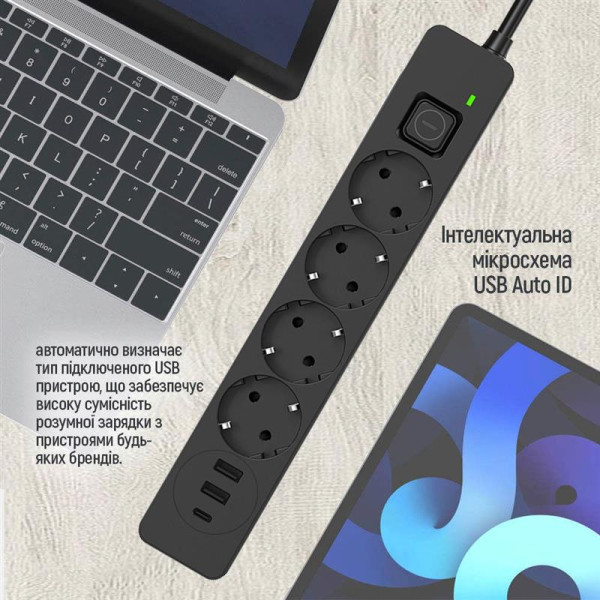Купить Фільтр живлення ColorWay CW-CHE432PDB 4 розетки, 3USB (2USB-A + 1 TYPE-C) (24W), 2м, Black