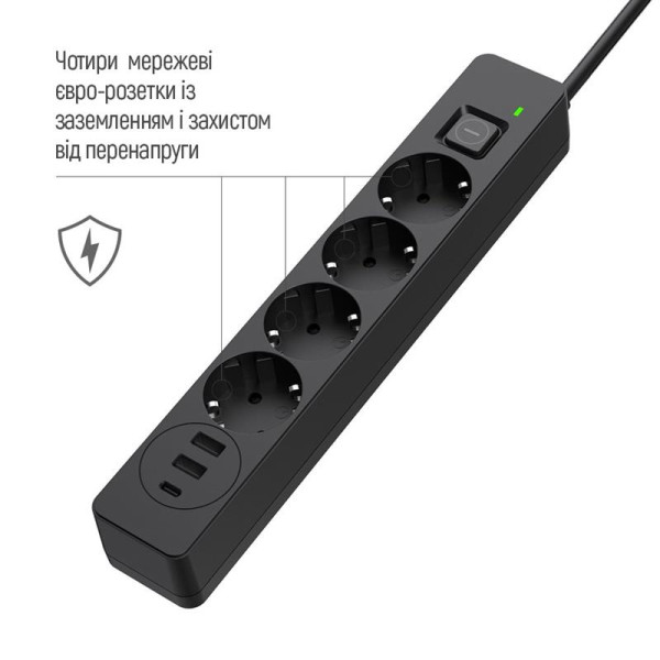Купить Фільтр живлення ColorWay CW-CHE432PDB 4 розетки, 3USB (2USB-A + 1 TYPE-C) (24W), 2м, Black