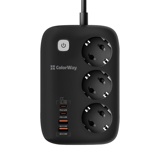 Купити Фільтр живлення ColorWay CW-CHE34PDB GaN3 Pro PD 65W (2USB-A + 2 TYPE-C) 3 розетки, 4 USB, 2 м, чорний