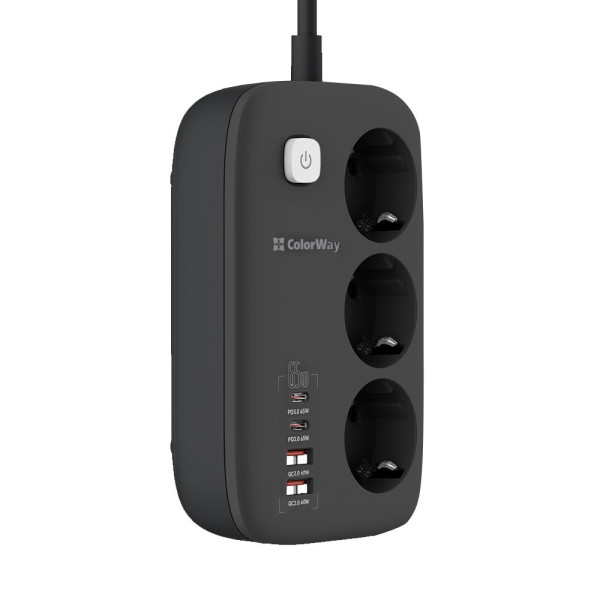 Купити Фільтр живлення ColorWay CW-CHE34PDB GaN3 Pro PD 65W (2USB-A + 2 TYPE-C) 3 розетки, 4 USB, 2 м, чорний