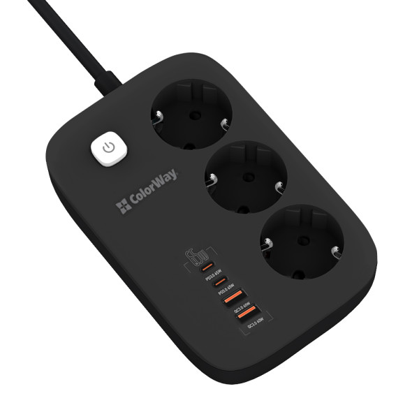 Купити Фільтр живлення ColorWay CW-CHE34PDB GaN3 Pro PD 65W (2USB-A + 2 TYPE-C) 3 розетки, 4 USB, 2 м, чорний