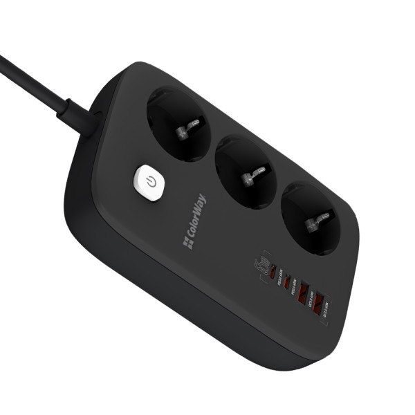 Купити Фільтр живлення ColorWay CW-CHE34PDB GaN3 Pro PD 65W (2USB-A + 2 TYPE-C) 3 розетки, 4 USB, 2 м, чорний