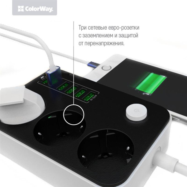 Купить Фільтр живлення ColorWay CW-CHE36B 3 розетки, 6 USB, 1.8 м, чорний