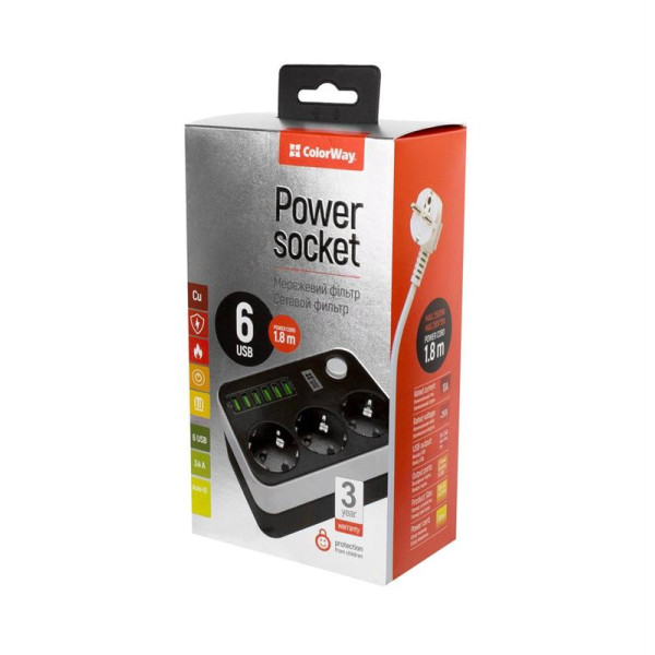 Купить Фільтр живлення ColorWay CW-CHE36B 3 розетки, 6 USB, 1.8 м, чорний