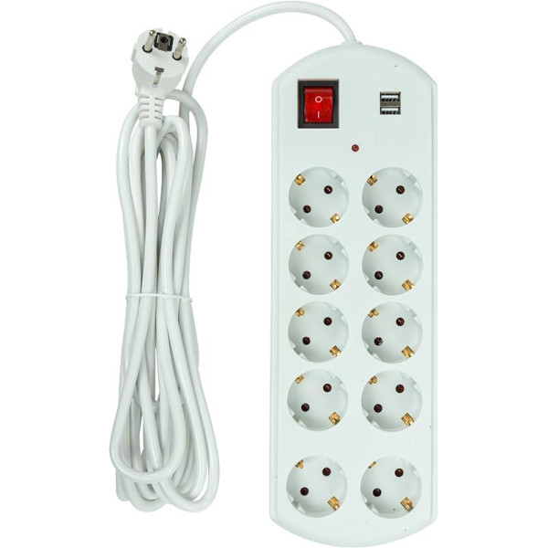 Купить Фільтр живлення PowerPlant YS-N6065/5 (EX610556) 10 розеток, 2xUSB, 5 м, євростандарт, білий