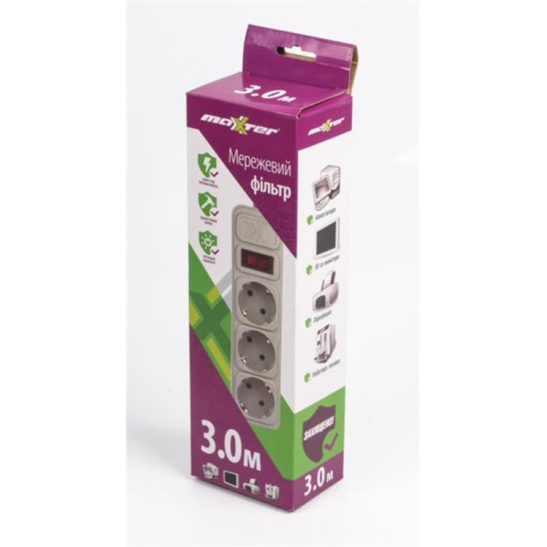 Купити Фільтр живлення Maxxter (SPM3-G-10G) 3 розетки, 3м, білий