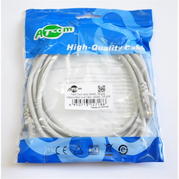 Купити Патч-корд литий, UTP, RJ45, Cat.5e, 3m, сірий