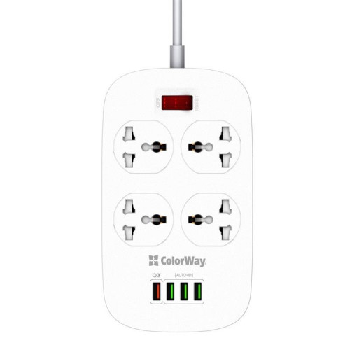 Купить Фильтр питания ColorWay CW-CHU44QW 4 розетки, 4 USB (1QC3.0+3 AUTO ID), 1.8 м, белый