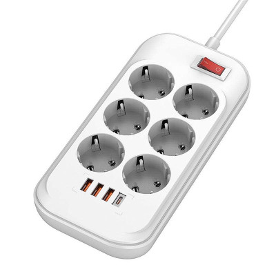 Купити Фільтр живлення ColorWay CW-CHE64PDW 6 розеток, 4USB (Type-C PD20W + 3USB QC3.0) (38W), 2м, White